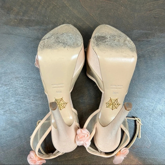 Charlotte Olympia Fleur Platform Sandals Heels Organza Flowers Pink Nude 38 1/2 - Picture 12 of 16